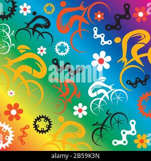 Funny Spring cycling icons decorative background. Illustration with cycling symbols on rainbow background. Vector available. Stock Vector