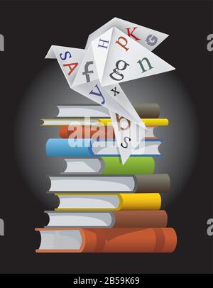 ith letters on pile of books. Illustration of paper bird with books symbolized literature.Vector available. Stock Vector