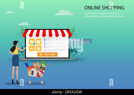 Concept of online shopping, young woman is standing near basket in front of laptop that contain list of products, description, customer rating. Stock Vector