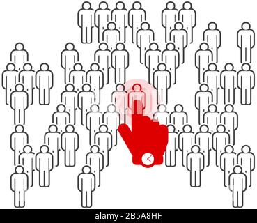 The chosen one. Stand out from crowd individual, hire human resources concept. Vector illustration. Hand cursor points to a person in a crowd. Stock Vector