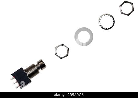 Chrome electrical switch with nuts and spacers, electronic component, isolated on white background with clipping path Stock Photo