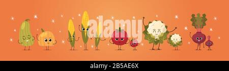 cute mascot pumpkin corn tomato radish cauliflower vegetables characters funny cartoon personages standing together healthy food concept horizontal vector illustration Stock Vector