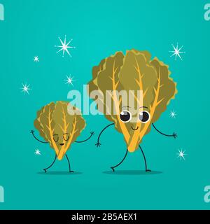 cute green cabbage lettuce characters couple funny cartoon mascot vegetable personages healthy food concept vector illustration Stock Vector