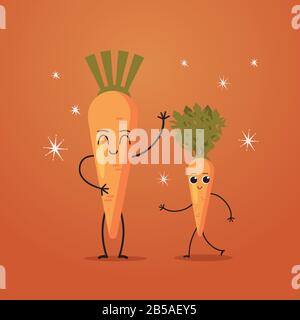 cute carrot characters couple funny cartoon mascot vegetable personages healthy food concept vector illustration Stock Vector