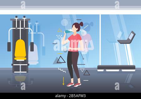 beautiful fitness athlete woman drinking water from plastic bottle after workout exercising healthy lifestyle concept modern gym interior horizontal full length vector illustration Stock Vector