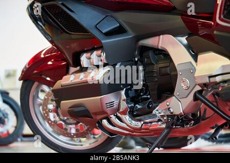 Bike engine with exhaust pipes. Stock Photo