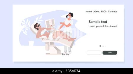 beautician giving epilation laser treatment to woman young girl receiving hair removal procedure at spa salon cosmetology skin beauty care concept horizontal full length copy space vector illustration Stock Vector