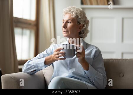 Pensive mature woman look in distance dreaming or thinking Stock Photo