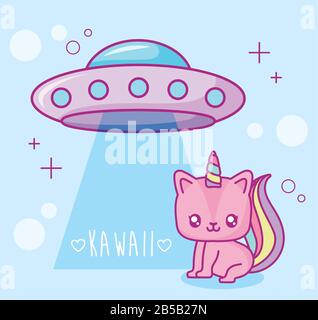 flying saucer and kawaii unicorn over blue background, colorful design, vector illustration Stock Vector