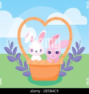 happy easter design with cute rabbits in a basket and decorative wreath over landscape background, colorful design, vector illustration Stock Vector