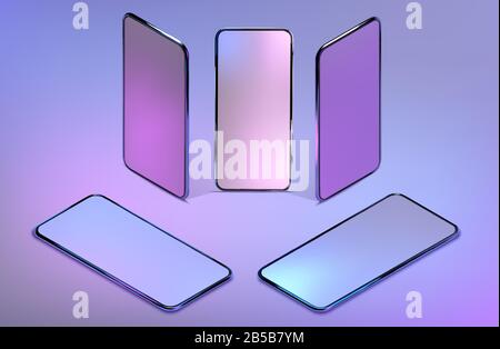 Set 3D isometric realistic colorful smartphone mockup. Template for infographics and UI design. Phone frame with blank display isolated templates Stock Vector