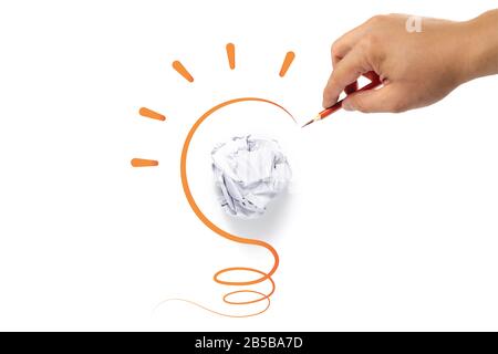 Concept of changing crumpled paper ball (no idea) to creative thinking with out the box or paper. White Background. Stock Photo