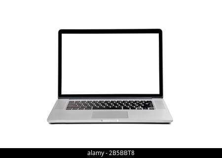 Laptop gray metalic sliver colour notebook in front side view open cover on the white background. laptop hardware and white screen Clipping Path. Stock Photo