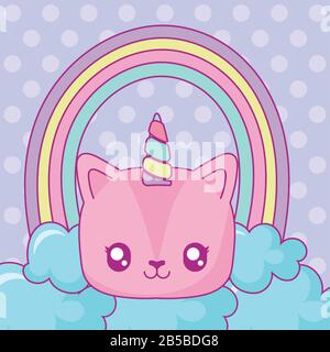 kawaii unicorn with clouds and rainbow over purple background, colorful design, vector illustration Stock Vector