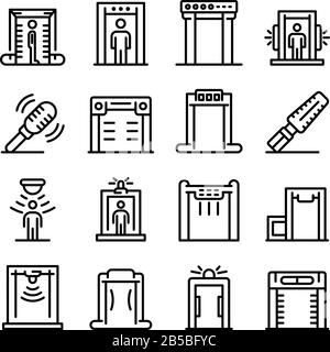 Metal detector icons set, outline style Stock Vector