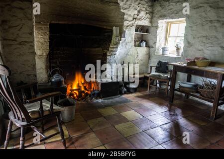 Traditional working class kitchen hearth in the Ulster Folk Museum, Northern Ireland. Stock Photo