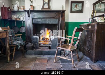 Traditional working class kitchen hearth in the Ulster Folk Museum, Northern Ireland. Stock Photo