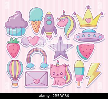 kawaii fruits and related icons over pink background, colorful design, vector illustration Stock Vector