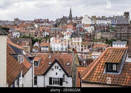 View of Whitby, Yorkshire from the top of the 199 Steps . Stock Photo
