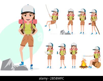 Female mountain climber vector character set. Woman hiker character in different summer hiking activities and standing poses like rope climbing. Stock Vector