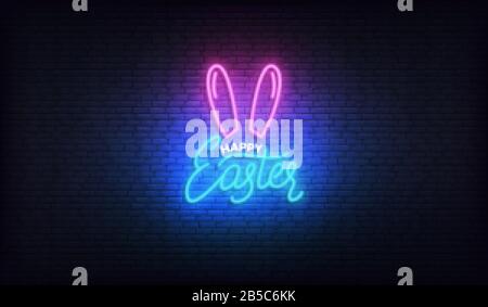 Easter neon badge logo design. Glowing colorful lettering sign for Easter celebration Stock Vector