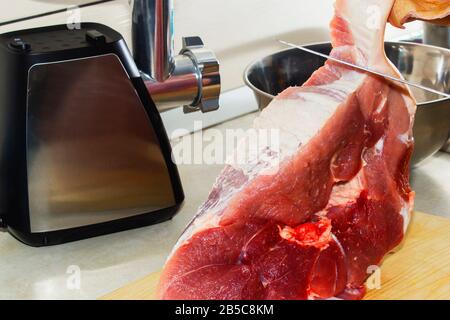 Electric meat grinder. Kitchen tool to mince meat. Meat grinding, preparing  food ingredients. Vegan Worst Nightmare Stock Photo - Alamy