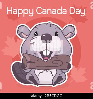 Cute beaver canadian symbol kawaii character social media post mockup. Happy Canada day typography. Poster, card template with mascot and maple leaves Stock Vector