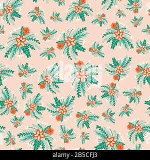 Red green pink florals Seamless vector pattern.Flower bouquets background. Flat Scandinavian vintage style abstract backdrop. Hand drawn Holiday Stock Vector