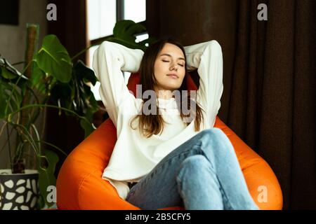 Break from work concept. Freelancer with closed eyes Stock Photo