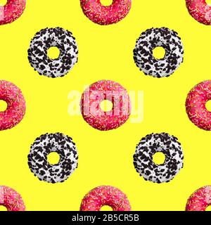 Seamless pattern pink and chocolate donuts on yellow background isolated top view, colorful donut repeating ornament, bagels wallpaper, sweet cakes Stock Photo
