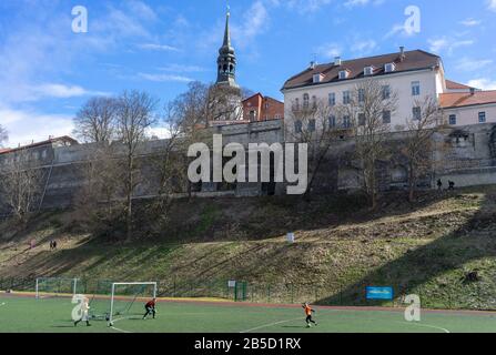 April 21, 2018 Tallinn, Estonia. Football field at the fortress wall of the Old city in Tallinn Stock Photo