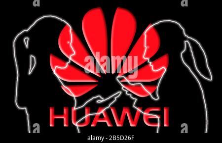 Illustration showing Huawei logo as a backdrop with people using smartphones. Stock Photo