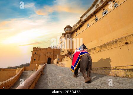 Amer Fort at Jaipur Rajasthan with view of decorated Indian elephant used for pleasure ride for tourist. Amber Fort is a UNESCO World Heritage site Stock Photo