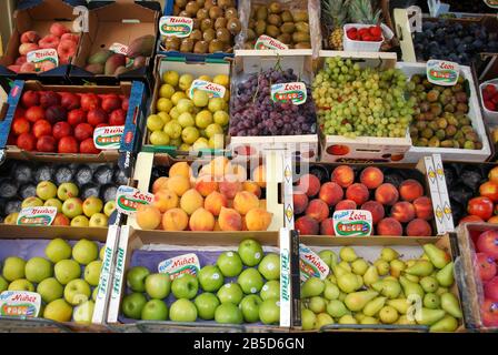 Selection of fruit outside a shop, Fuengirola, Spain. Stock Photo