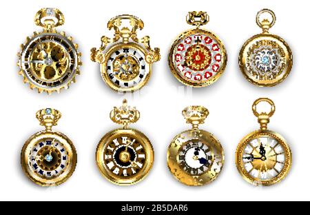 Set of old, jewelry, antique, gold watches, decorated with pattern and brass gears on white background. Steampunk style. Vintage pocket watch. Stock Vector