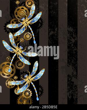 Design with mechanical, golden dragonflies, decorated with blue, glass wings with gold and brass gears on striped, textured, brown background. Steampu Stock Vector