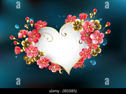White banner in the form of heart decorated with gold and red jewelry flowers of sakura on turquoise background. Golden flower. Stock Vector