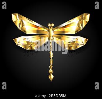 Shiny, polygonal, gold ( golden ) dragonfly on black background. Stock Vector