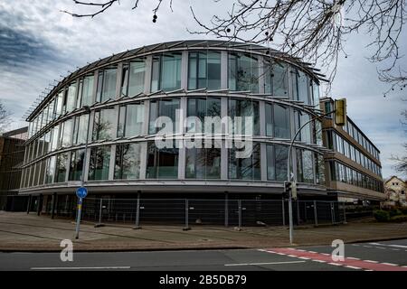 Hameln, Germany. 08th Mar, 2020. Blue sky can be seen above the district house as the seat of the district administrator. Four men are running for office. The previous district administrator had resigned after hostilities in social networks and the abuse case of Liege. Should none of the candidates achieve an absolute majority in the first round of voting, there will be a run-off vote on 22 March. Credit: Peter Steffen/dpa/Alamy Live News Stock Photo