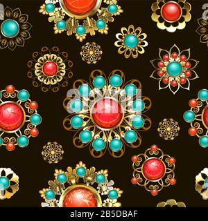 Seamless pattern of gold and brass, ethnic brooches decorated with carnelian, turquoise and jasper on brown background. Ethnic jewelry. Stock Vector