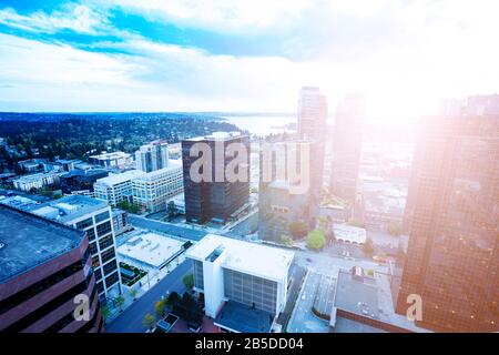 Panorama of Bellevue city downtown of King County, United States across Lake Washington from Seattle Stock Photo