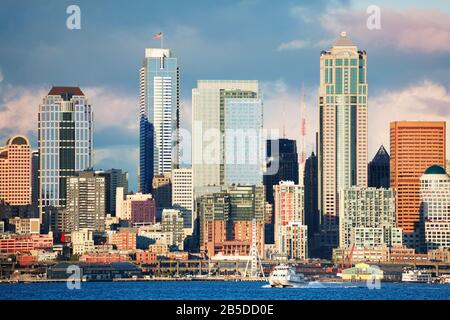 Seattle waterfront downtown view at evening sunset light on spring day, Washington, USA Stock Photo