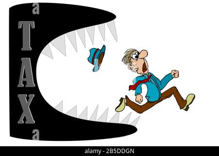 Businessman running away from Taxes assessment monster. Financial exploitation of the business concept.Heavy tax burden.Stock vector isolated on white Stock Vector