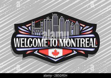 Vector logo for Montreal, black decorative signage with outline illustration of famous montreal city scape on evening sky background, fridge magnet wi Stock Vector