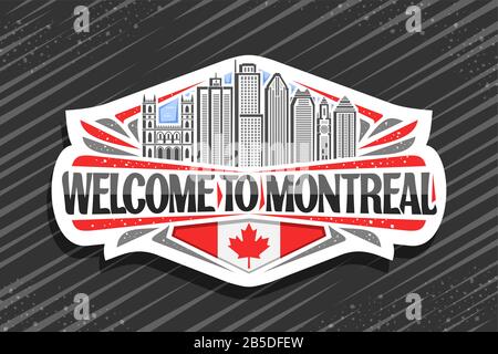 Vector logo for Montreal, white decorative sticker with line illustration of famous montreal city scape on day sky background, fridge magnet with crea Stock Vector