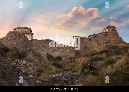 Kumbhalgarh Fort Rajasthan at sunset. Kumbhalgarh is a Mewar fortress in the Rajsamand District of Rajasthan state in western India Stock Photo