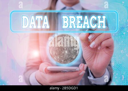 Text sign showing Data Breach. Business photo text incident in which sensitive or confidential data is copied Elements of this image furnished by NASA Stock Photo