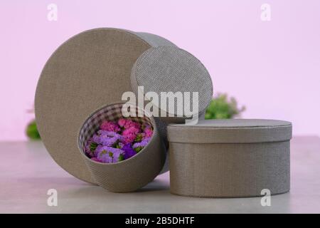 Arrangement of gray round boxes of different sizes with flowers Stock Photo