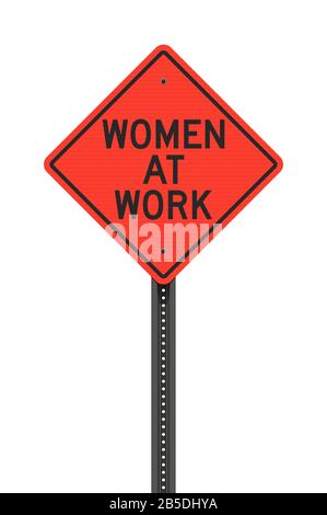 Vector illustration of the Women At Work orange road sign on metallic black post Stock Vector