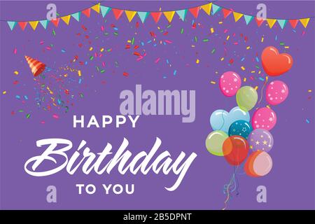 Happy Birthday typography vector design with balloon, confetti and colorful background Stock Vector